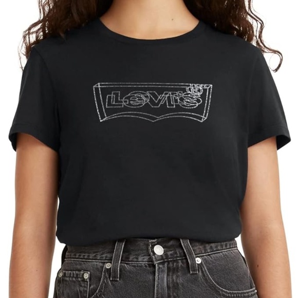 Levi's Women's Perfect Tee 2.0 Shirt Black Glitter Logo 2X NEW - Picture 1 of 2